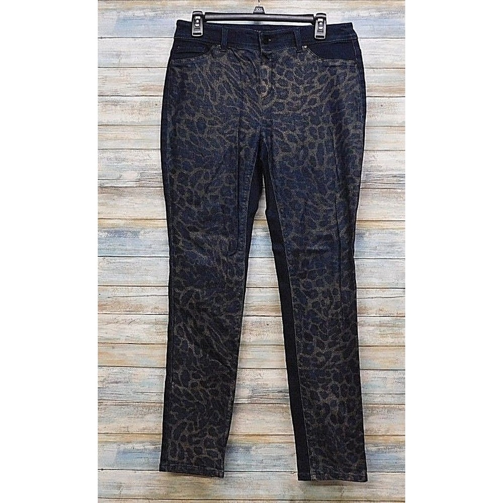 Chicos Platinum‎ Leopard Print Skinny Jeans Women Size 0 Plus Dark Wash